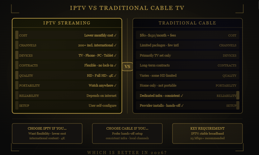 King TV IPTV versus cable TV comparison chart highlighting features and benefits.