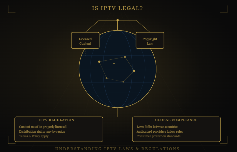 King TV IPTV legality infographic explaining licensed content, copyright laws, streaming regulations, legal IPTV services, and consumer compliance requirements.