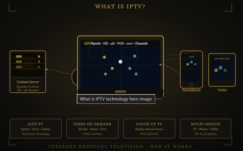What is King TV IPTV infographic showing live TV, VOD, catch-up TV, multi-device streaming, and the key features of internet-based television services.